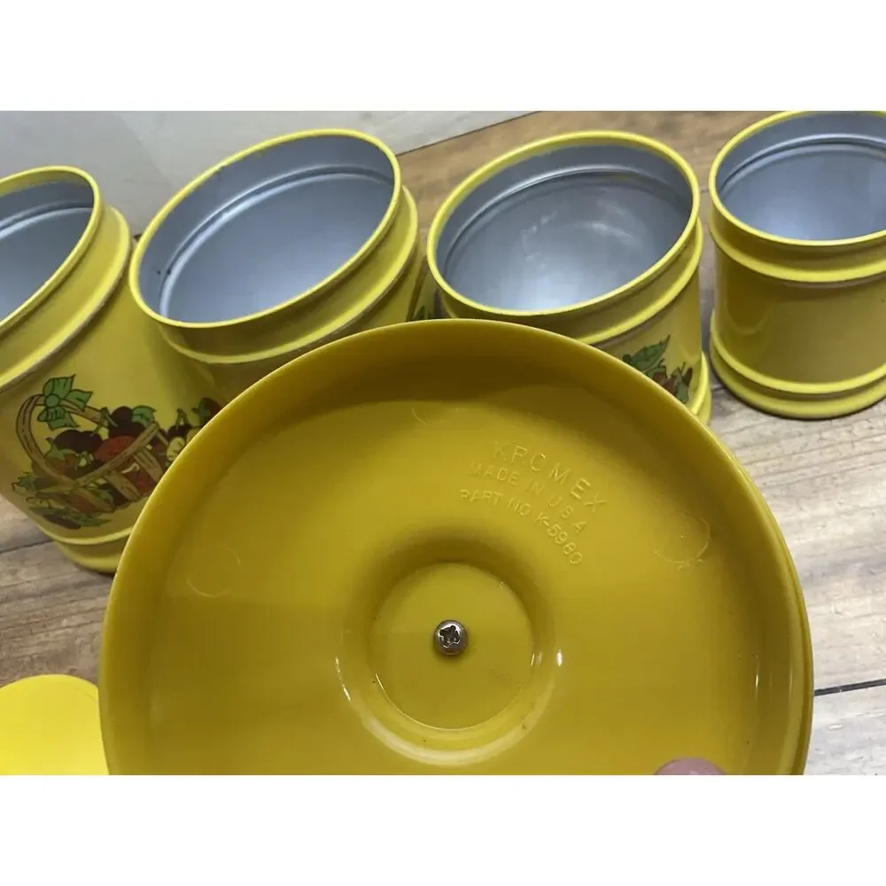 Vtg 70s Kromex Yellow Fruit Basket Aluminum Kitchen Canister Set